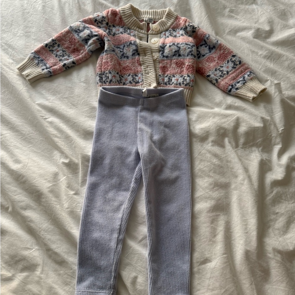 Janie and Jack Pink, Cream & Blue Striped Knit Cardigan with Lavender Leggings